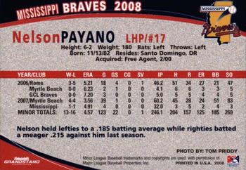 2008 Grandstand Mississippi Braves #NNO Nelson Payano Back