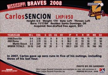 2008 Grandstand Mississippi Braves #NNO Carlos Sencion Back