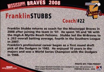 2008 Grandstand Mississippi Braves #NNO Franklin Stubbs Back