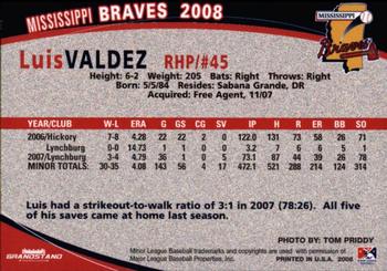 2008 Grandstand Mississippi Braves #NNO Luis Valdez Back