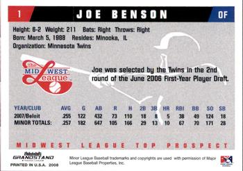 2008 Grandstand Midwest League Top Prospects #NNO Joe Benson Back