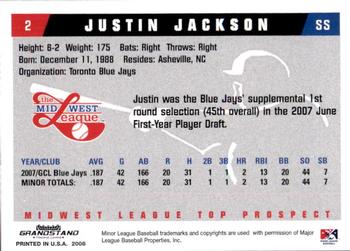 2008 Grandstand Midwest League Top Prospects #NNO Justin Jackson Back