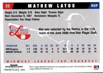 2008 Grandstand Midwest League Top Prospects #NNO Mathew Latos Back