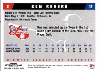 2008 Grandstand Midwest League Top Prospects #NNO Ben Revere Back