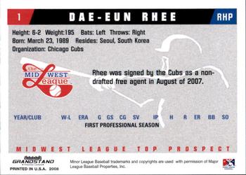 2008 Grandstand Midwest League Top Prospects #NNO Dae-Eun Rhee Back