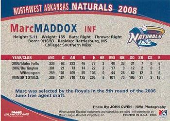 2008 Grandstand Northwest Arkansas Naturals #NNO Marc Maddox Back