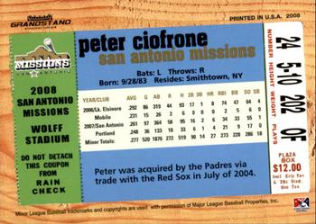 2008 Grandstand San Antonio Missions #17 Peter Ciofrone Back