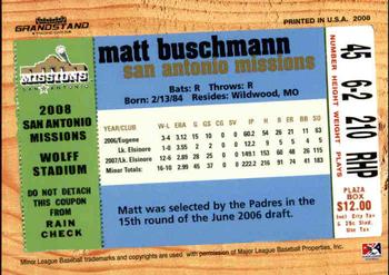 2008 Grandstand San Antonio Missions #18 Matt Buschmann Back