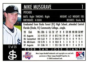 2008 Grandstand San Jose Giants #17 Mike Musgrave Back