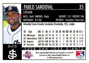 2008 Grandstand San Jose Giants #23 Pablo Sandoval Back