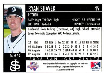 2008 Grandstand San Jose Giants #26 Ryan Shaver Back