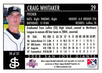 2008 Grandstand San Jose Giants #30 Craig Whitaker Back