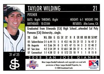 2008 Grandstand San Jose Giants #31 Taylor Wilding Back