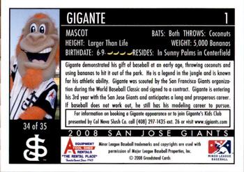 2008 Grandstand San Jose Giants #34 Gigante Back