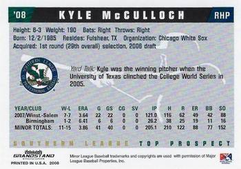 2008 Grandstand Southern League Top Prospects #NNO Kyle McCulloch Back