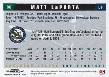 2008 Grandstand Southern League Top Prospects #NNO Matt LaPorta Back