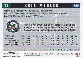 2008 Grandstand Southern League Top Prospects #NNO Kris Medlen Back