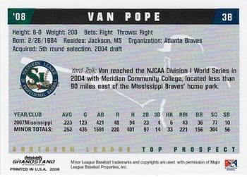 2008 Grandstand Southern League Top Prospects #NNO Van Pope Back