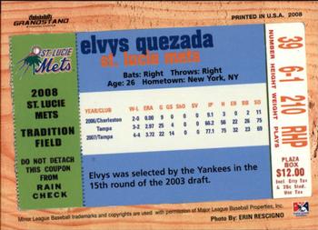 2008 Grandstand St. Lucie Mets #NNO Elvys Quezada Back