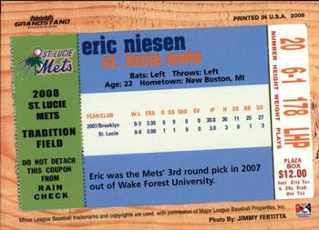 2008 Grandstand St. Lucie Mets #NNO Eric Niesen Back
