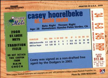2008 Grandstand St. Lucie Mets #NNO Casey Hoorelbeke Back