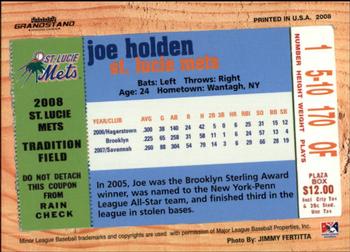 2008 Grandstand St. Lucie Mets #NNO Joe Holden Back