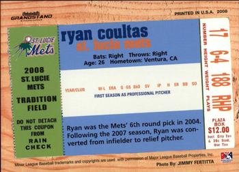 2008 Grandstand St. Lucie Mets #NNO Ryan Coultas Back