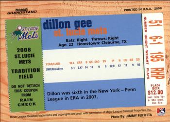 2008 Grandstand St. Lucie Mets #NNO Dillon Gee Back