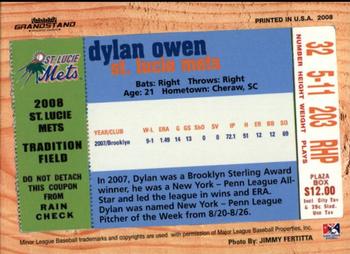 2008 Grandstand St. Lucie Mets #NNO Dylan Owen Back