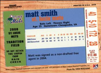 2008 Grandstand St. Lucie Mets #NNO Matt Smith Back