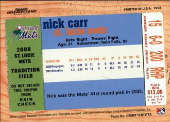 2008 Grandstand St. Lucie Mets #NNO Nick Carr Back