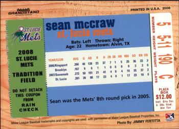2008 Grandstand St. Lucie Mets #NNO Sean McCraw Back