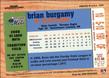 2008 Grandstand St. Lucie Mets #NNO Brian Burgamy Back