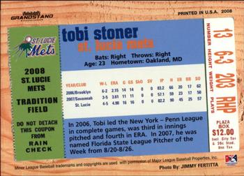 2008 Grandstand St. Lucie Mets #NNO Tobi Stoner Back