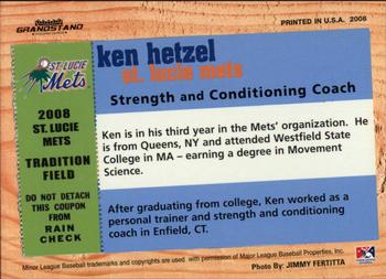 2008 Grandstand St. Lucie Mets #NNO Ken Hetzel Back