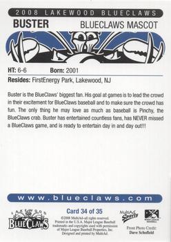2008 MultiAd Lakewood BlueClaws #34 Buster Back
