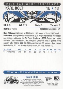 2008 MultiAd Lakewood BlueClaws #2 Karl Bolt Back