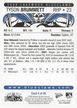 2008 MultiAd Lakewood BlueClaws #4 Tyson Brummett Back