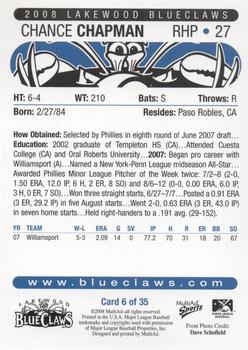 2008 MultiAd Lakewood BlueClaws #6 Chance Chapman Back