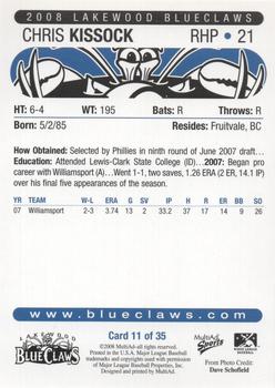2008 MultiAd Lakewood BlueClaws #11 Chris Kissock Back