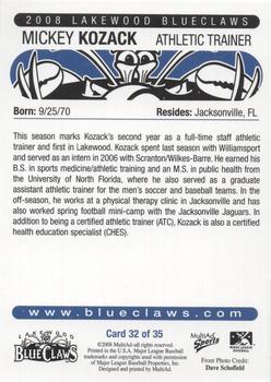 2008 MultiAd Lakewood BlueClaws #32 Mickey Kozack Back