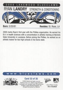 2008 MultiAd Lakewood BlueClaws #33 Ryan Landry Back