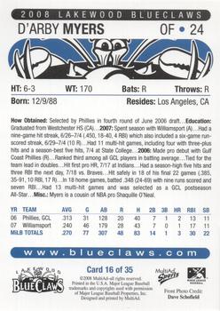 2008 MultiAd Lakewood BlueClaws #16 D'Arby Myers Back