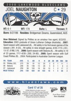 2008 MultiAd Lakewood BlueClaws #17 Joel Naughton Back