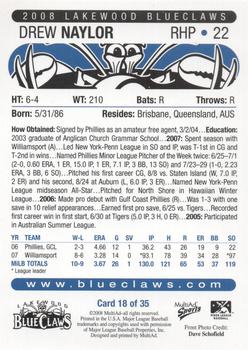 2008 MultiAd Lakewood BlueClaws #18 Drew Naylor Back