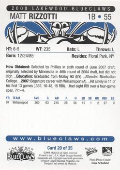 2008 MultiAd Lakewood BlueClaws #20 Matt Rizzotti Back