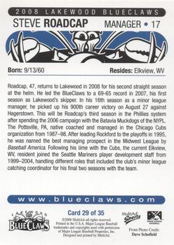 2008 MultiAd Lakewood BlueClaws #29 Steve Roadcap Back