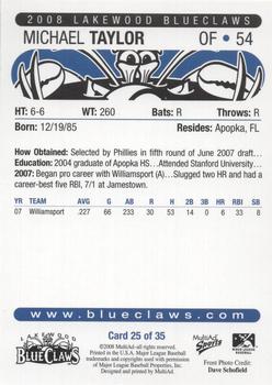 2008 MultiAd Lakewood BlueClaws #25 Michael Taylor Back