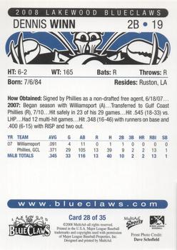 2008 MultiAd Lakewood BlueClaws #28 Dennis Winn Back