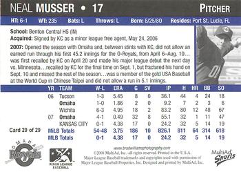 2008 MultiAd Omaha Royals #20 Neal Musser Back